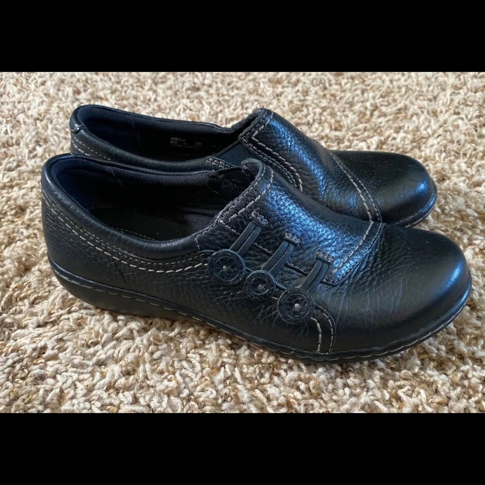 Clark’s Black Slip Ons Buttons Sz 5.5 5 1/2